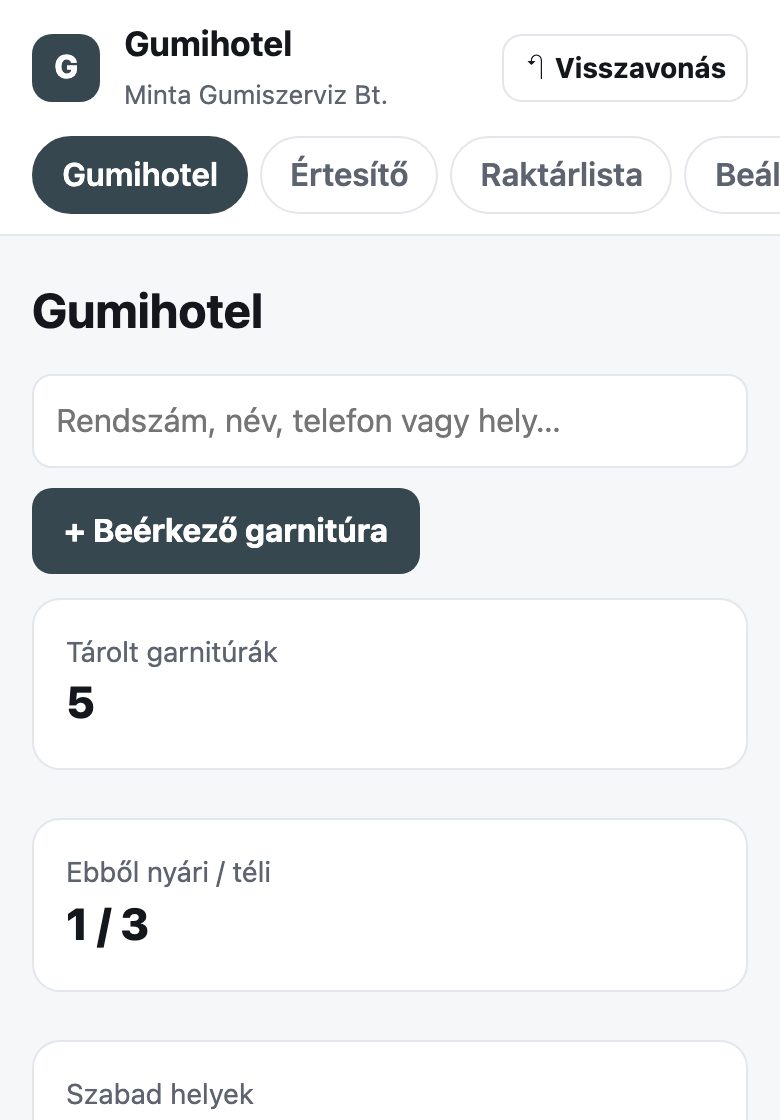 Gumihotel: az app képernyője mintaadatokkal