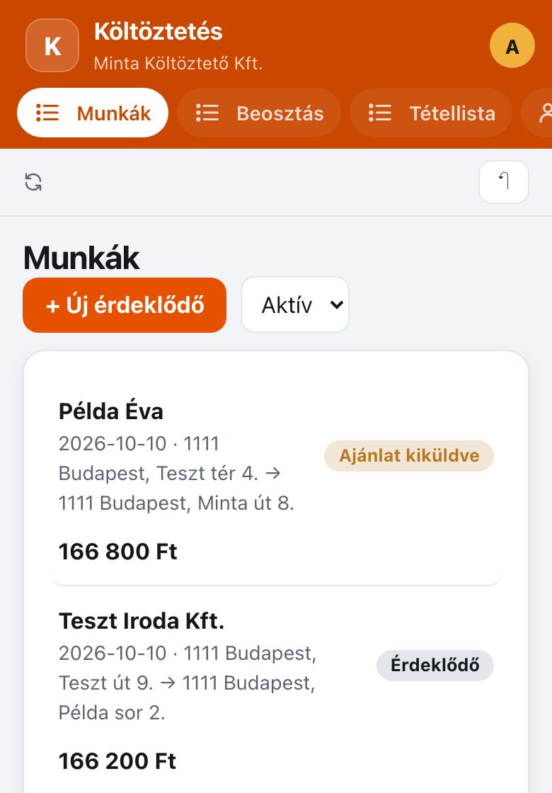 Költöztetés: az app képernyője mintaadatokkal